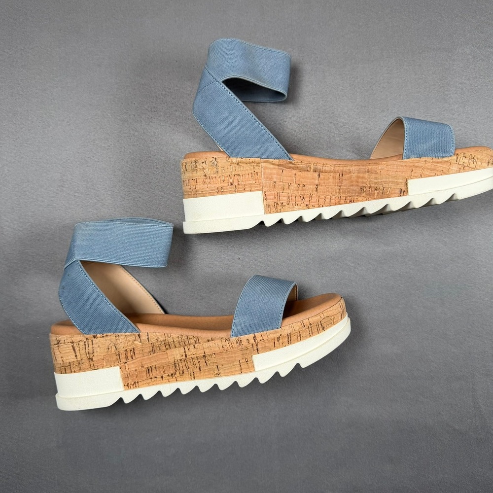 Steve Madden Elba Womens 7 Dusty Blue Elastic Cork Platform Wedge Sandals Casual - Picture 8 of 9